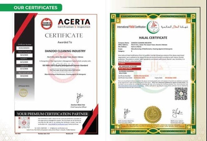 DANZOO Cleaning Industry Certificates - ACERTA and Halal Certified